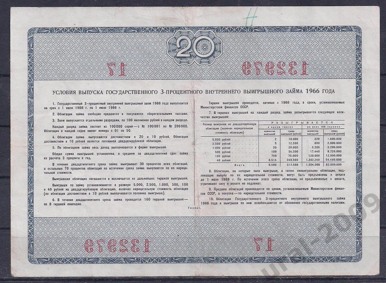 СССР, Облигация, 20 рублей 1966 год! 132979. 1