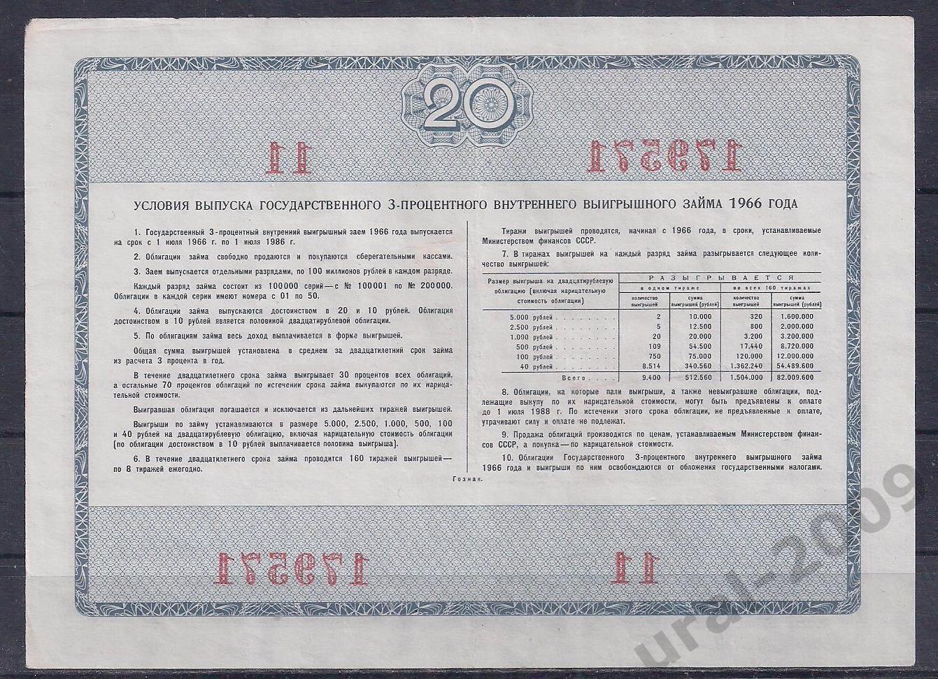 СССР, Облигация, 20 рублей 1966 год! 179571. 1