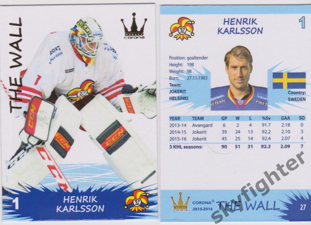 Хенрик Карлссон 2015-16 Corona The WALL №27 Йокерит Хельсинки