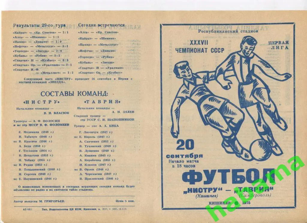 Нистру Кишинев - Таврия Симферополь 20.09.1975г.