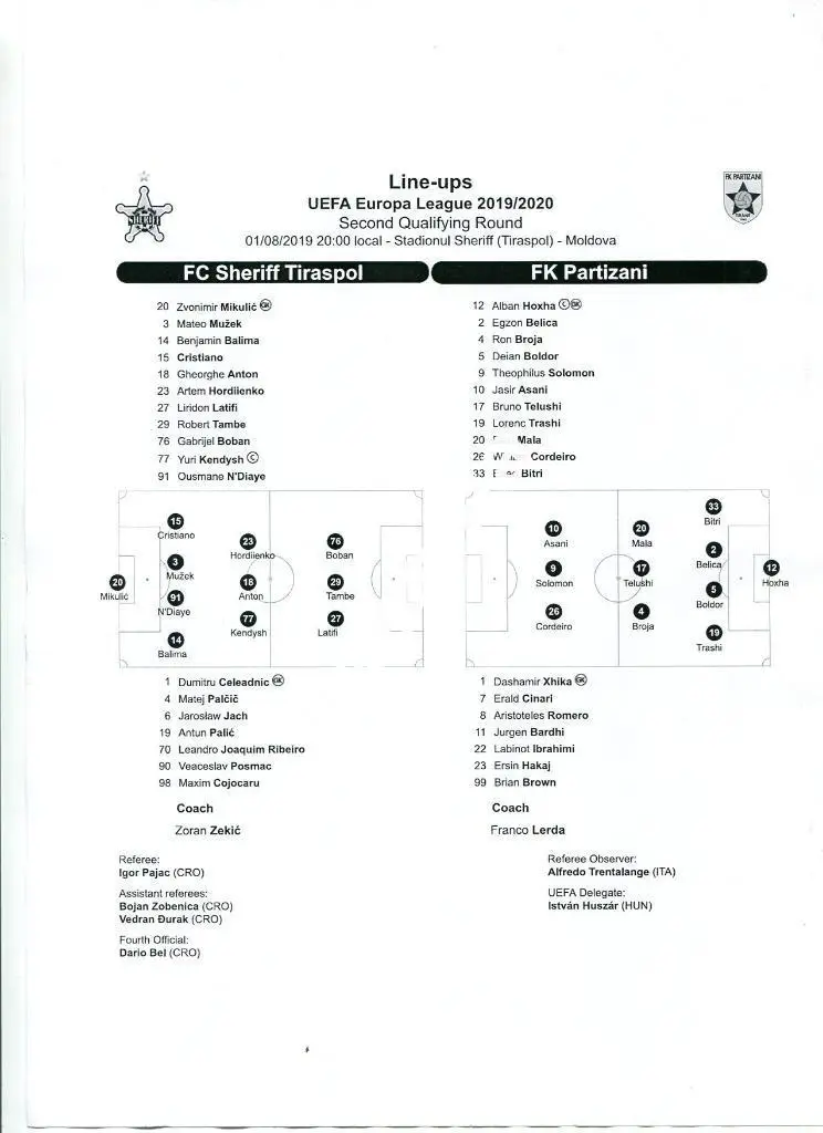 Пресс-лист# Шериф (Тирасполь)- Партизани (Албания)01.08.2019г. ЛЕ 2019/20