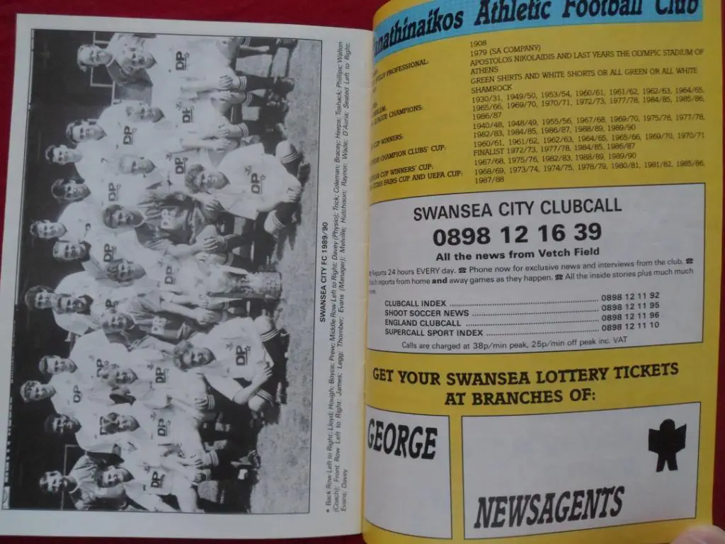 программа Суонси Сити - Панатинаикос (кубок кубков 1989) 1