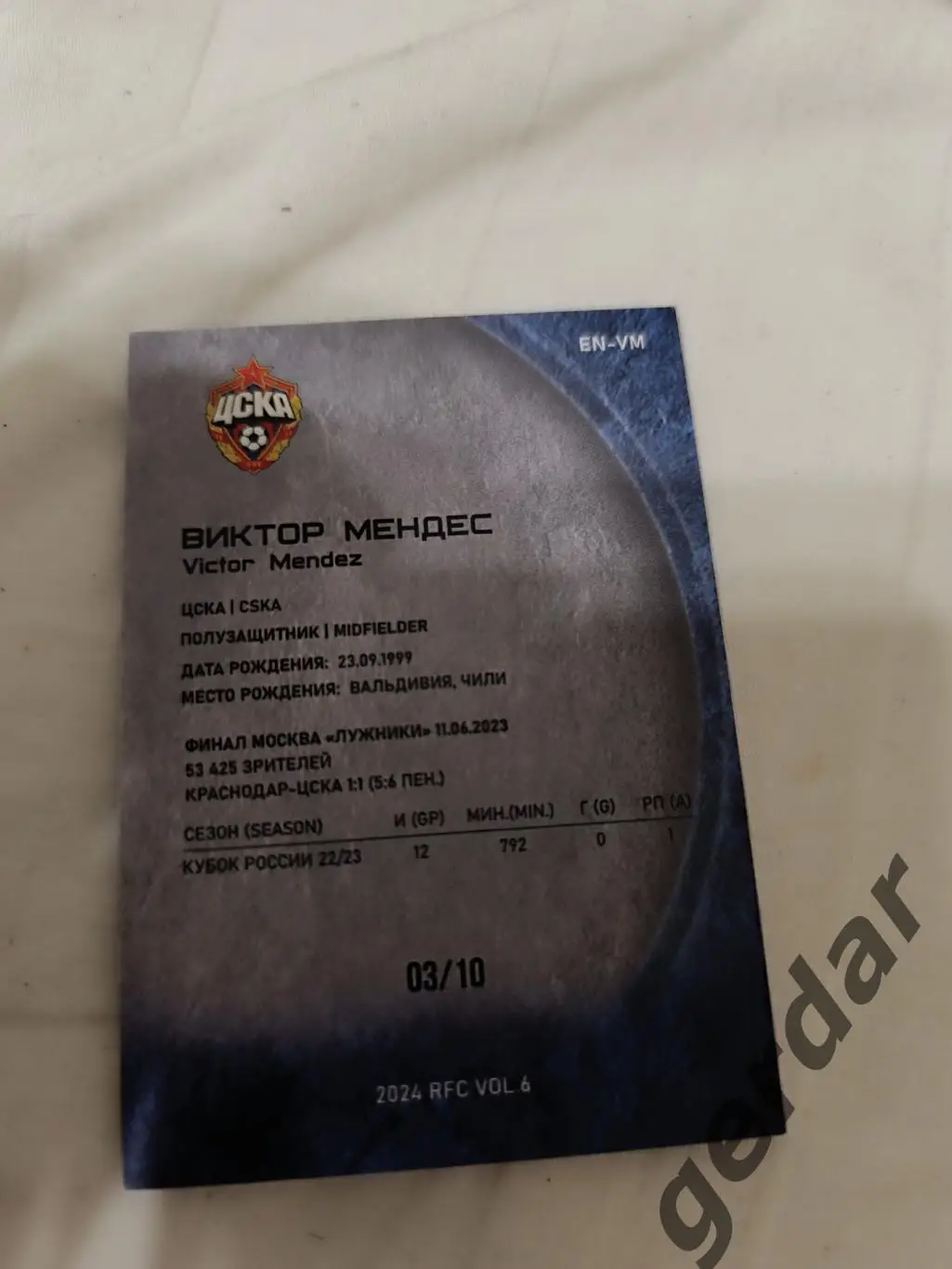 Виктор Мендес . ЦСКА Москва карта с медалькой 1