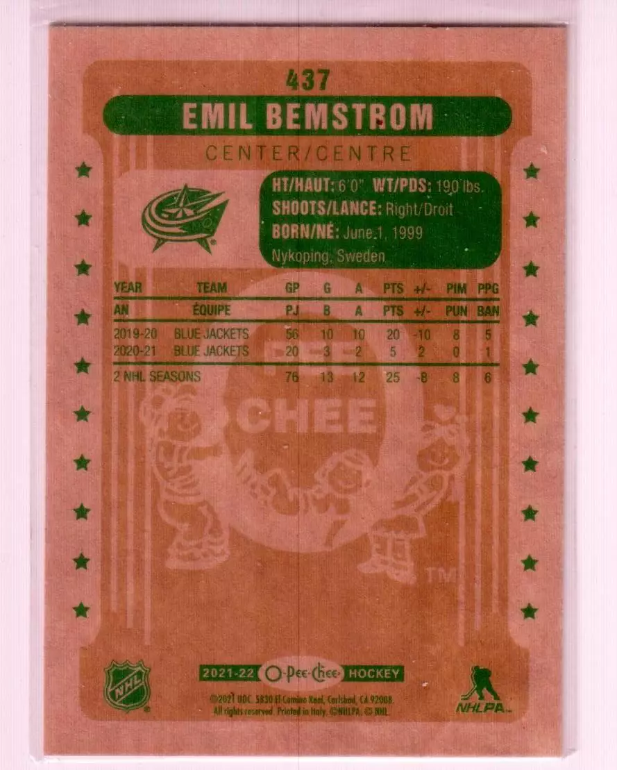 2021-22 O-Pee-Chee Retro #437 Emil Bemstrom 1