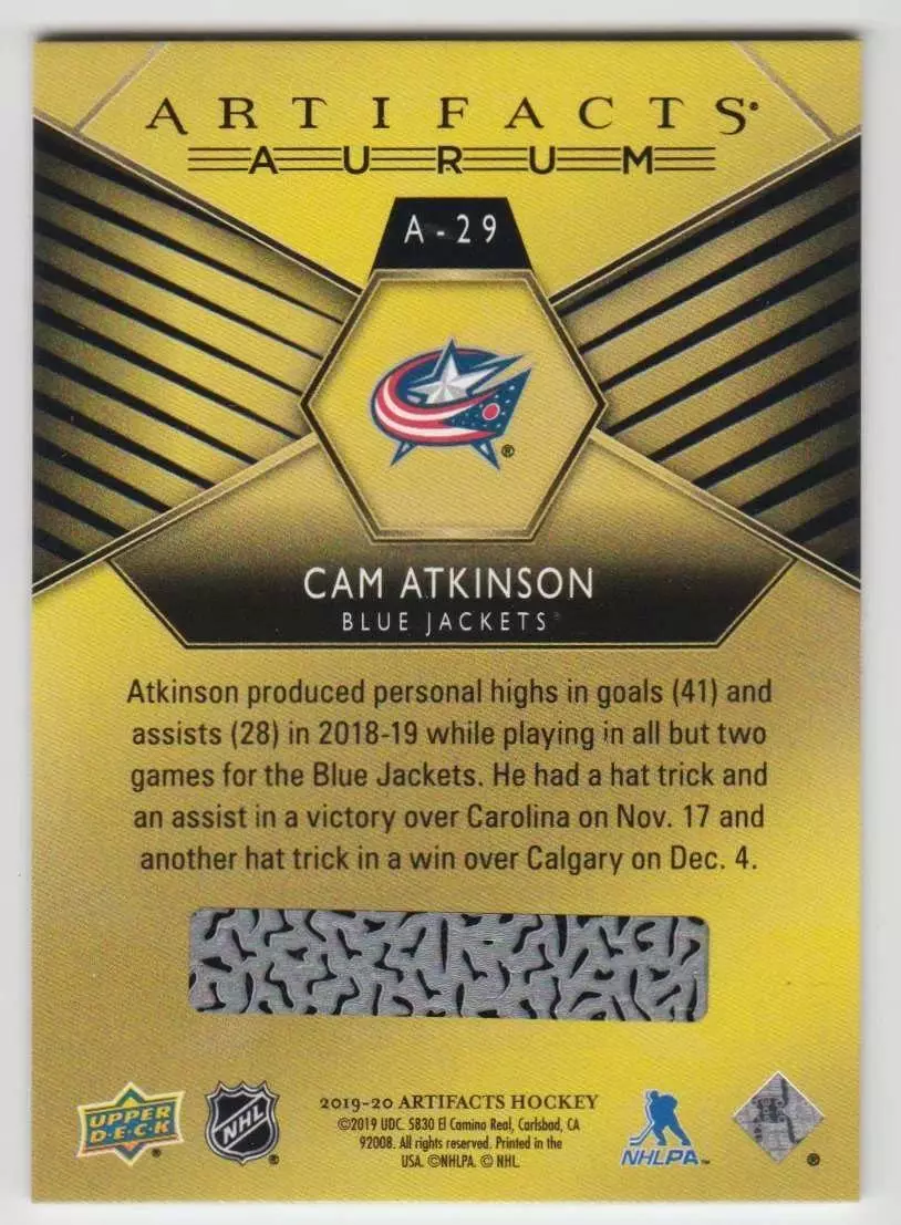 2019-20 Artifacts Aurum #A29 Cam Atkinson 1