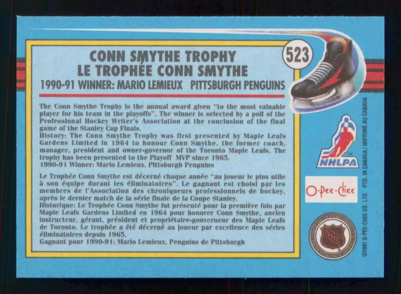 1991-92 O-Pee-Chee #523 Mario Lemieux Smythe 1