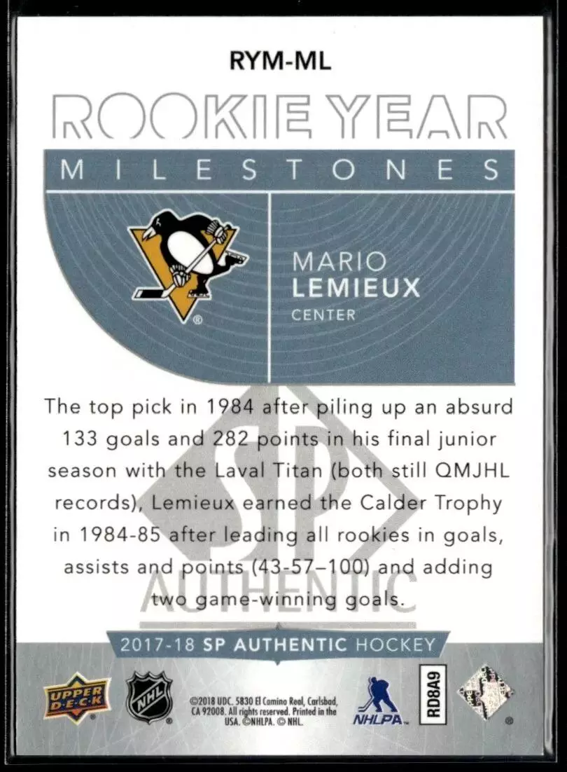 2017-18 SP Authentic Rookie Year Milestones #RYMML Mario Lemieux 1