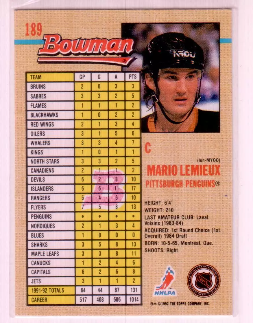 1992-93 Bowman #189 Mario Lemieux 1