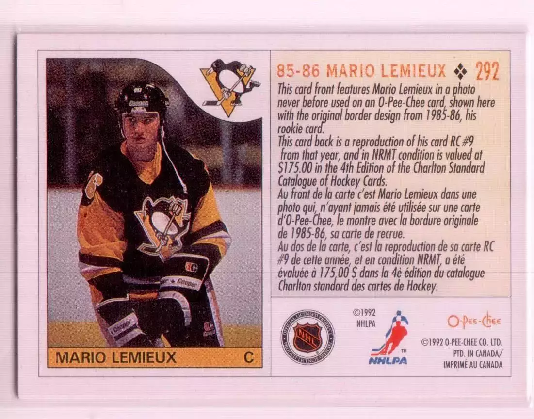 1992-93 O-Pee-Chee #292 Mario Lemieux 85 1