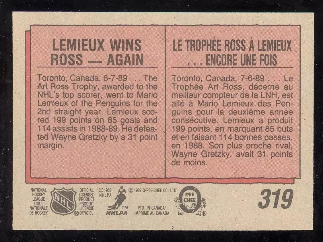 1989-90 O-Pee-Chee #319 Mario Lemieux Ross 1