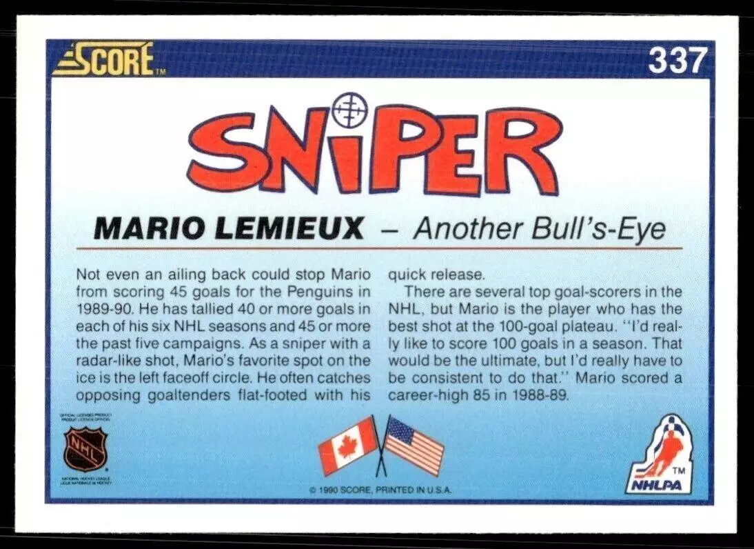 1990-91 Score #337 Mario Lemieux Sniper 1