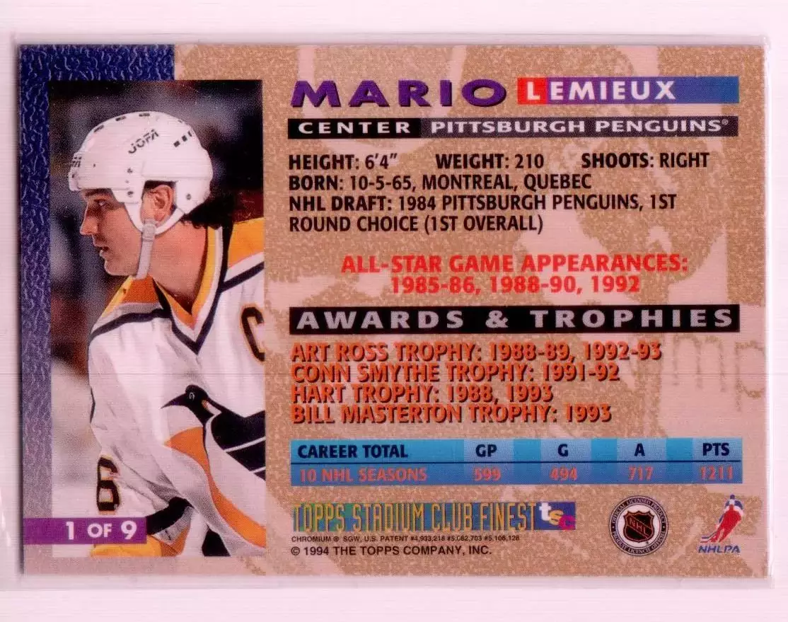 1994-95 Stadium Club Finest Inserts #1 Mario Lemieux 1