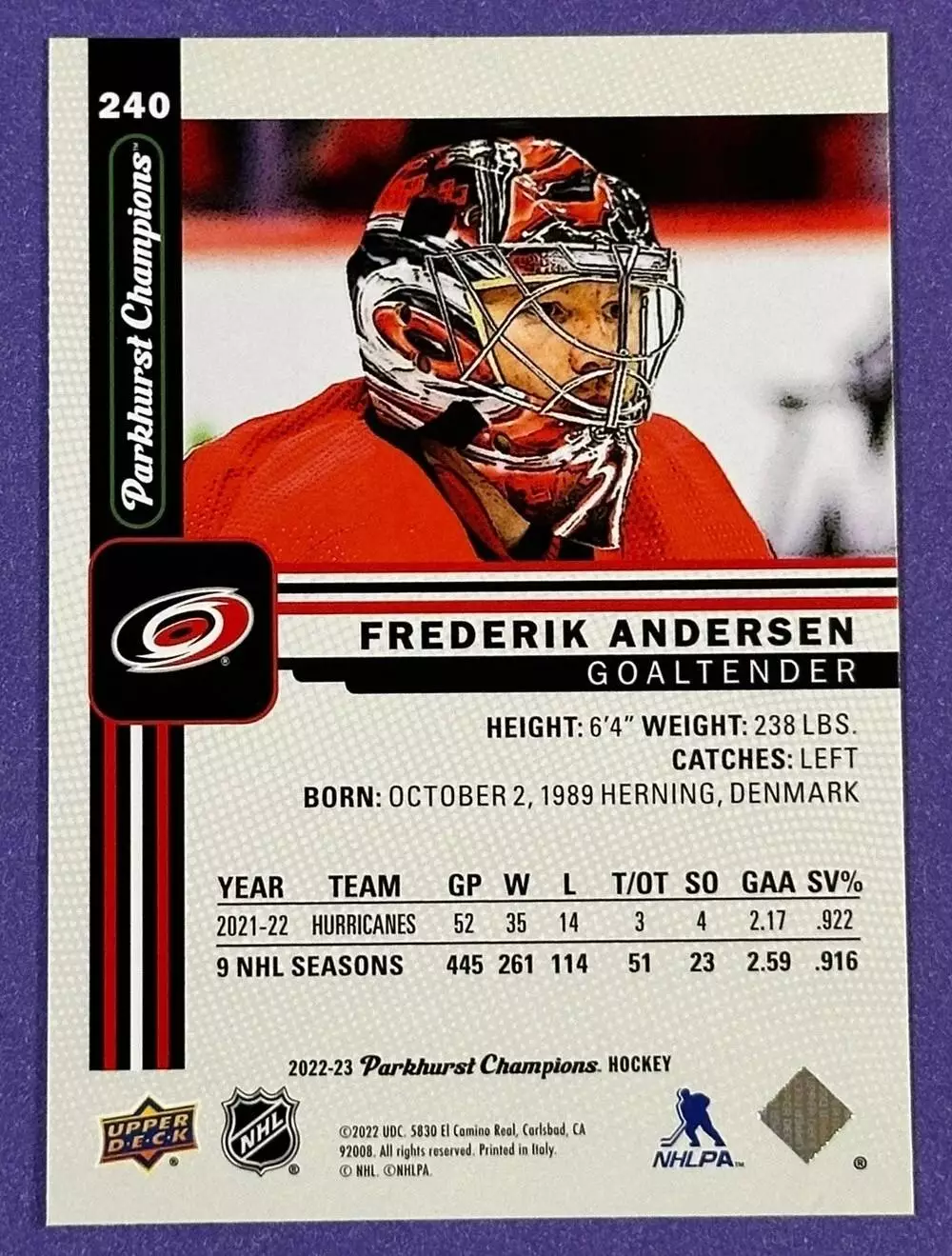 2022-23 Parkhurst Champions #240 Frederik Andersen 1