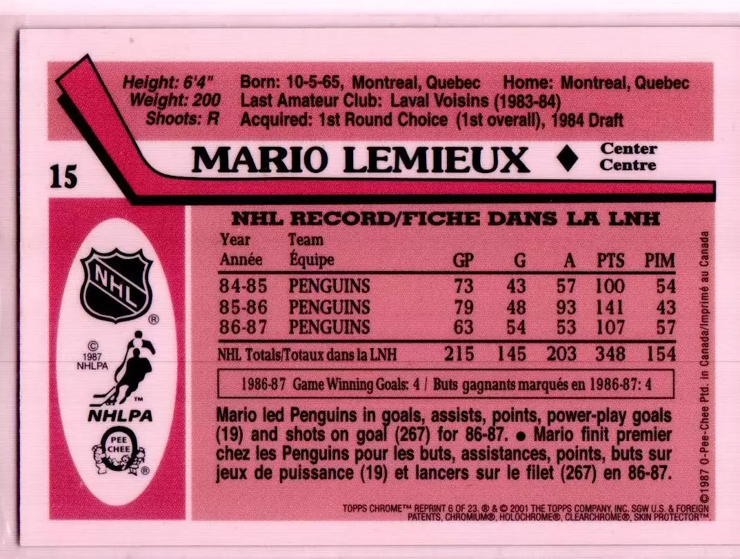 2000-01 Topps Lemieux Reprints #15 M.Lemieux 91-92 OPC 1