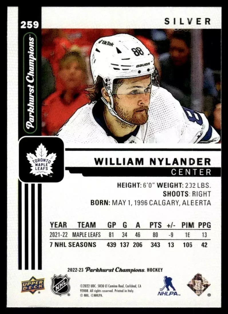 2022-23 Parkhurst Champions Silver #259 William Nylander 1