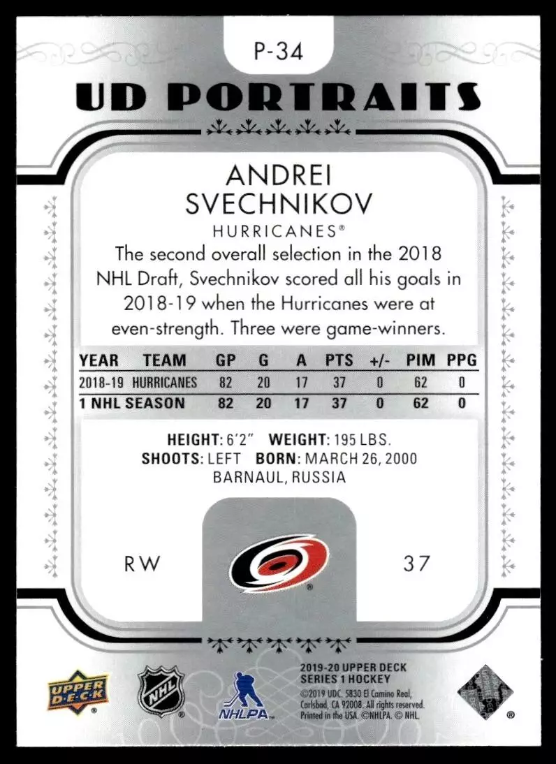 2019-20 Upper Deck UD Portraits #P34 Andrei Svechnikov 1