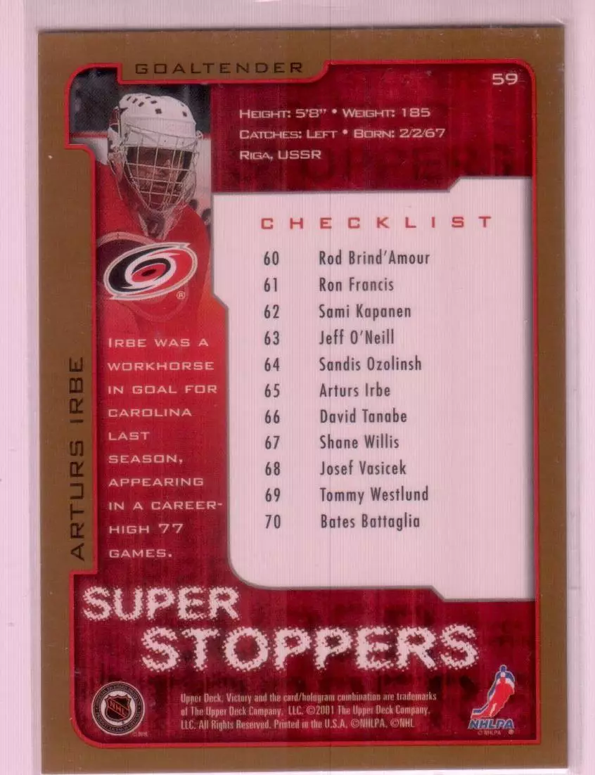 2001-02 Upper Deck Victory Gold #59 Arturs Irbe CL 1