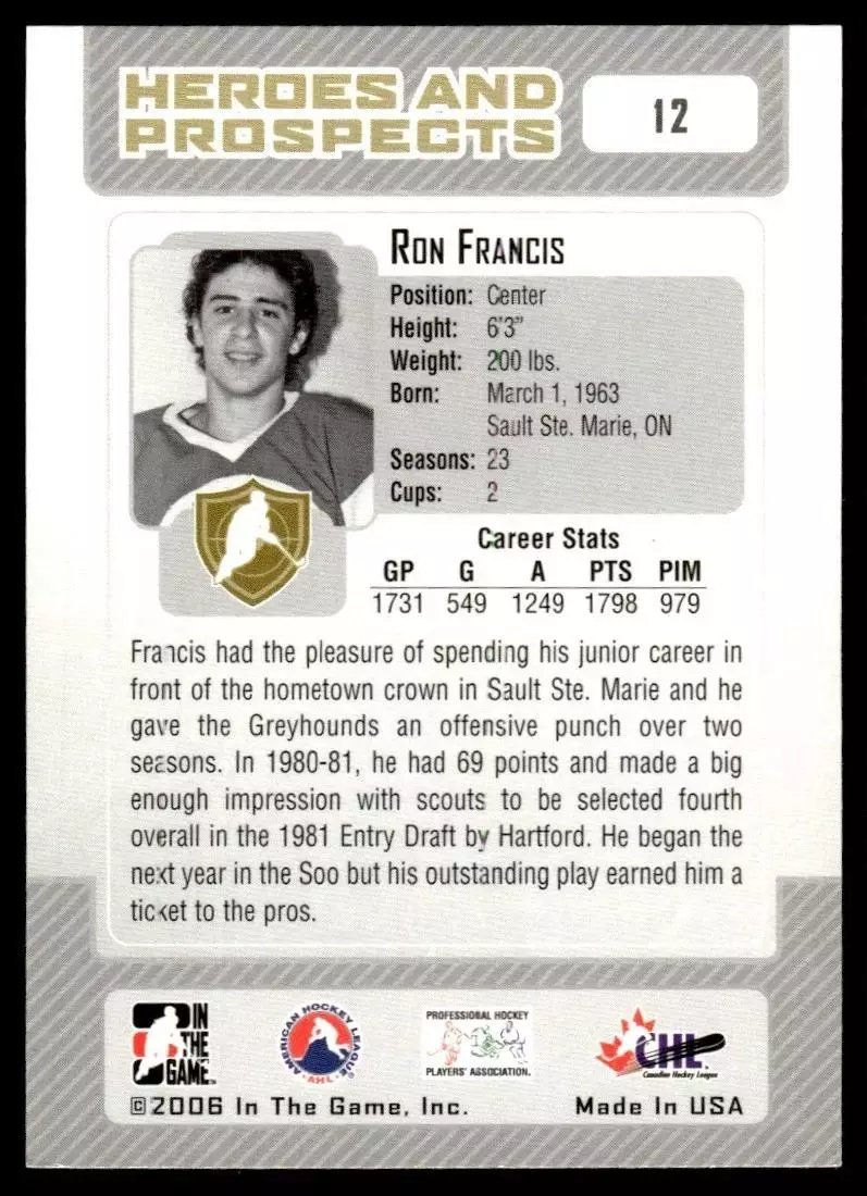 2006-07 ITG Heroes and Prospects #12 Ron Francis 1