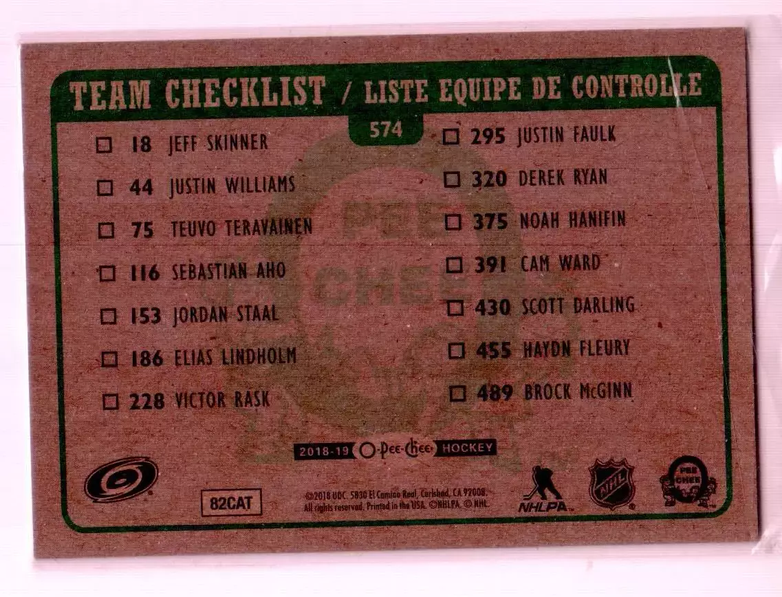 2018-19 O-Pee-Chee Retro #574 Carolina Hurricanes CL 1