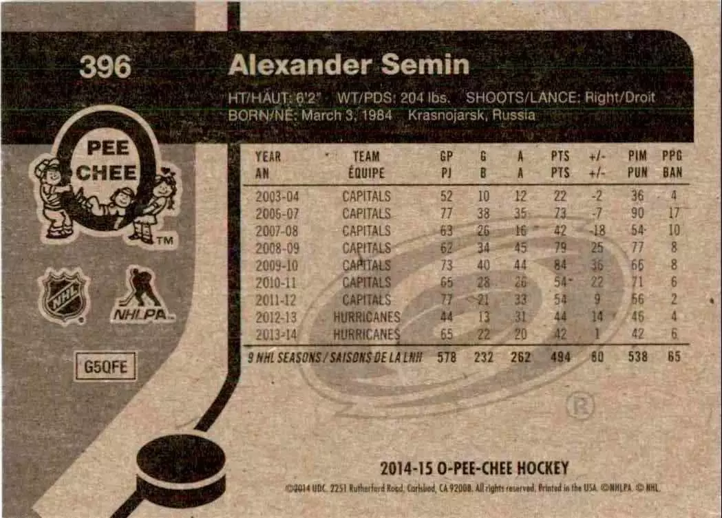 2014-15 O-Pee-Chee Retro #396 Alexander Semin 1