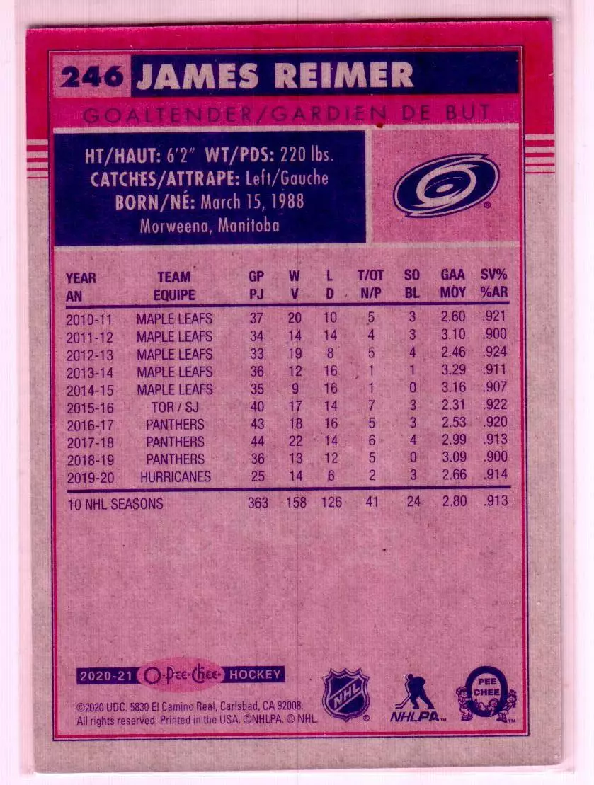 2020-21 O-Pee-Chee Retro #246 James Reimer 1