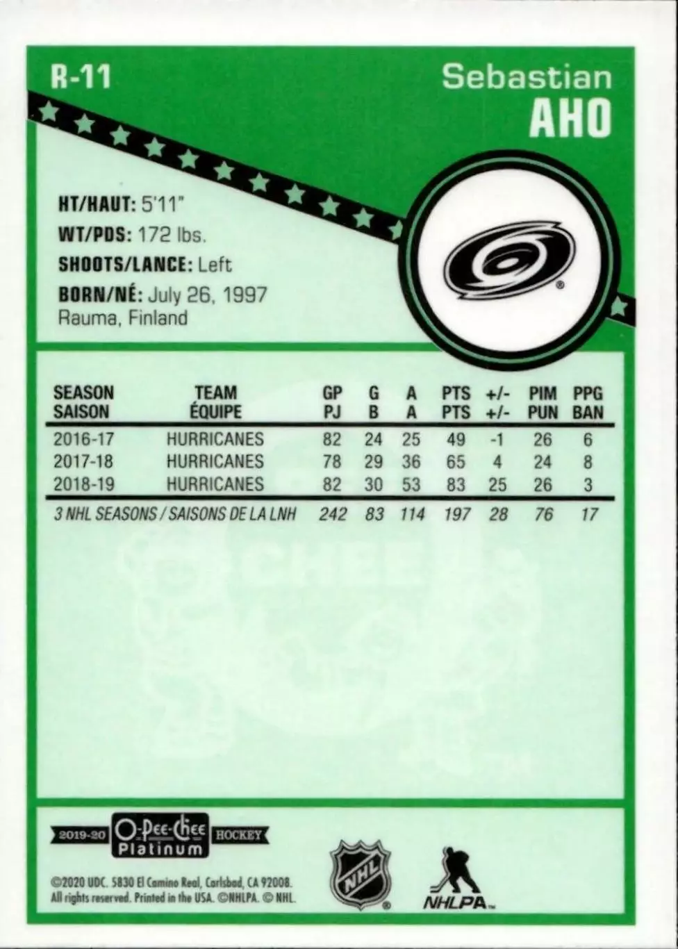 2019-20 O-Pee-Chee Platinum Retro #R11 Sebastian Aho 1