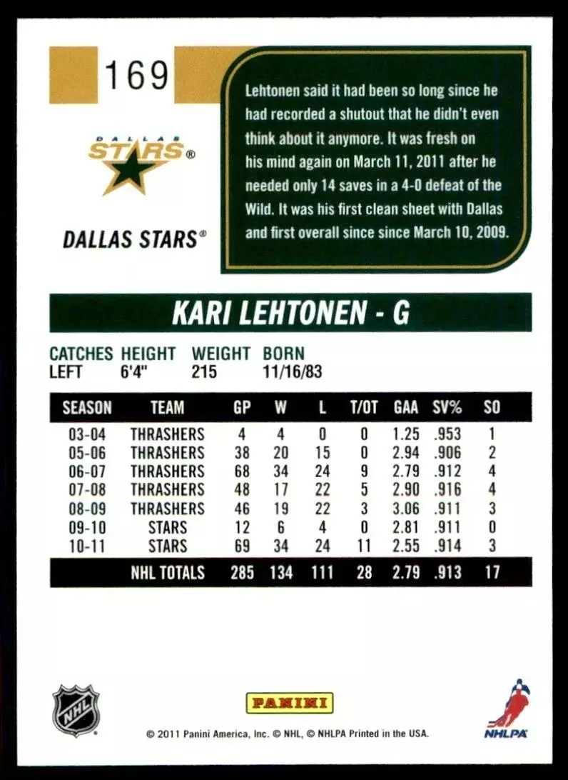 2011-12 Score #169 Kari Lehtonen 1