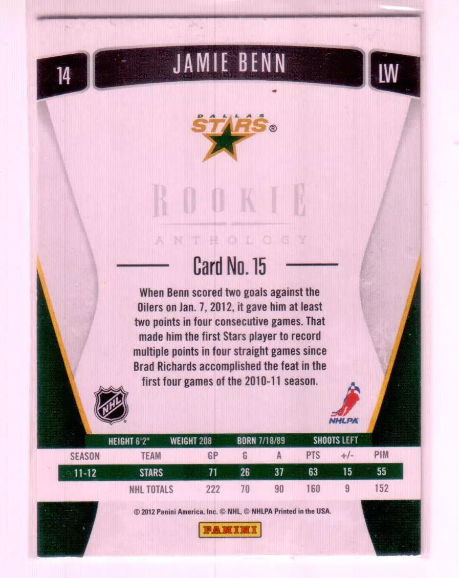 2011-12 Panini Rookie Anthology #15 Jamie Benn 1