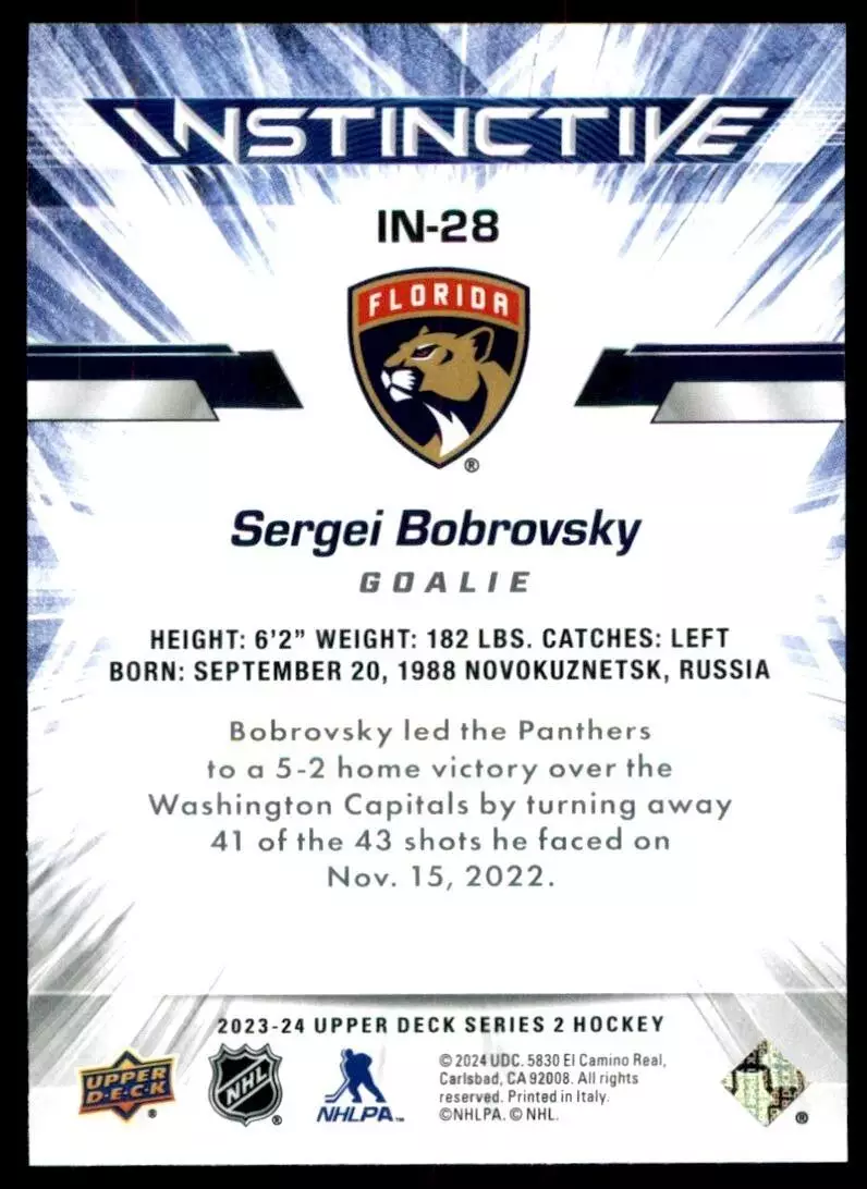 2023-24 Upper Deck Instinctive #IN28 Sergei Bobrovsky 1