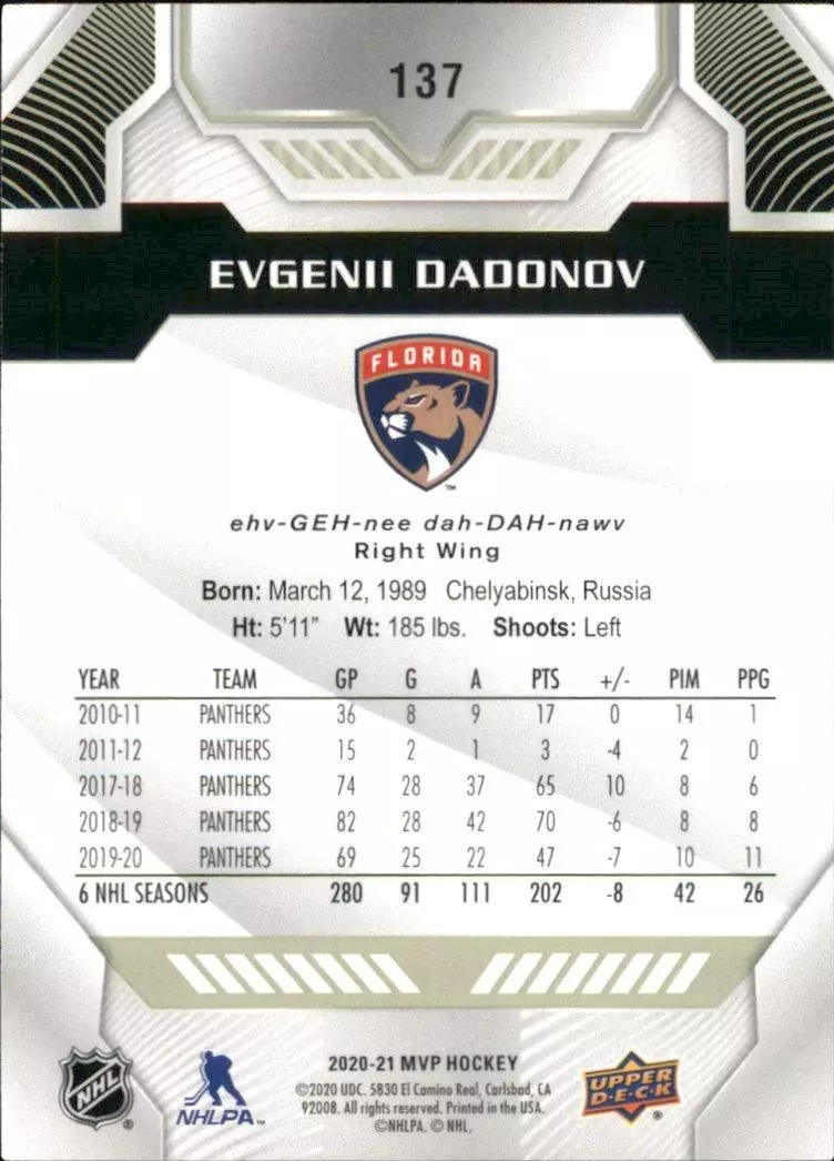 2020-21 Upper Deck MVP #137 Evgenii Dadonov 1