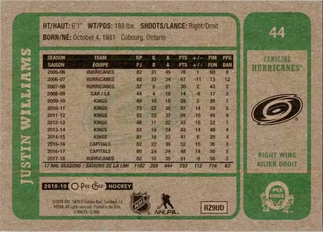 2018-19 O-Pee-Chee Retro #44 Justin Williams 1