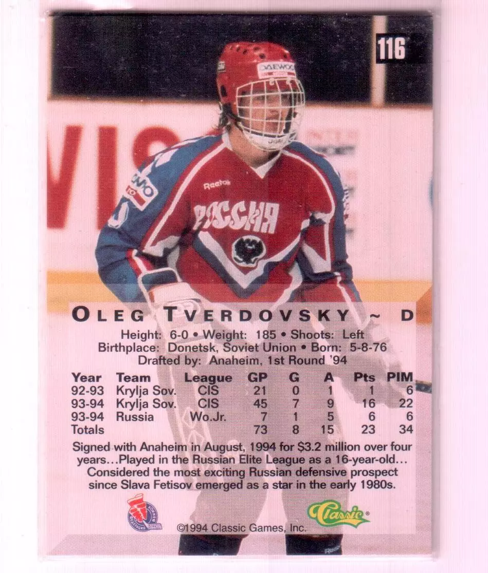 1994 Classic Four Sport Gold #116 Oleg Tverdovsky 1