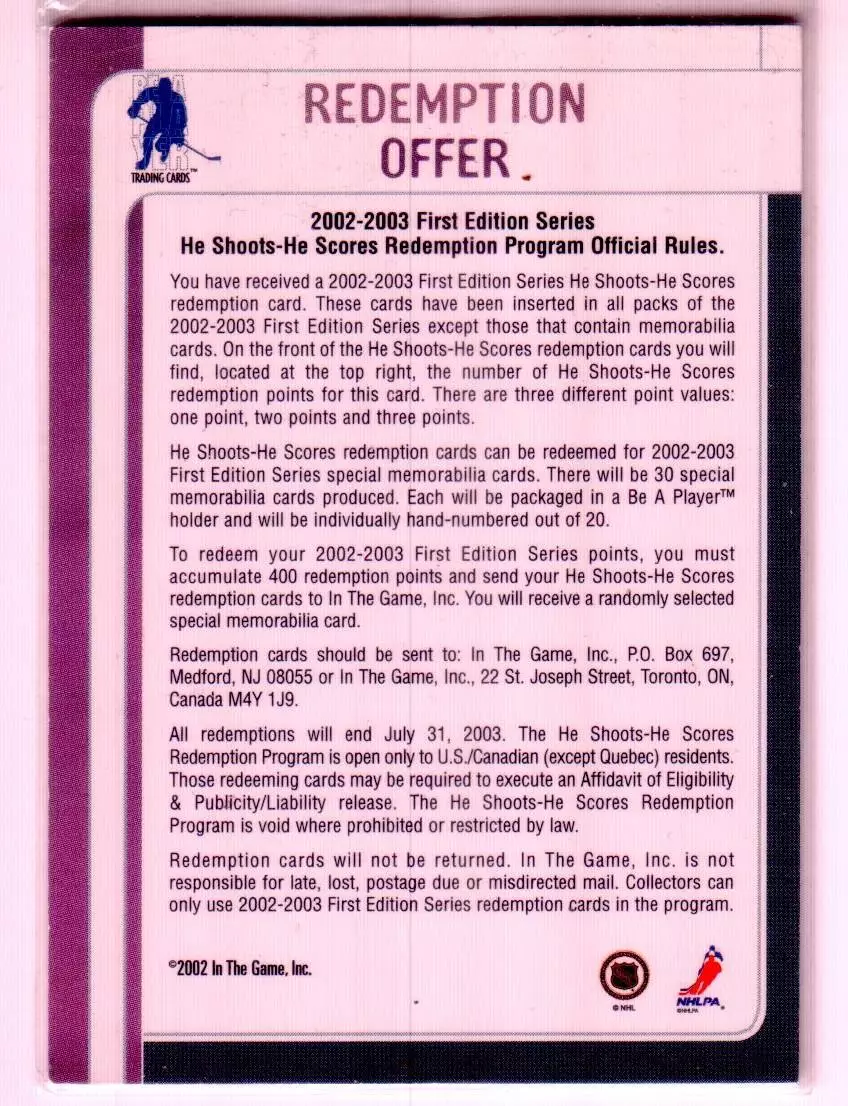 2002-03 BAP First Edition He Shoots He Scores Points #5 Ilya Kovalchuk 1 pt. 1