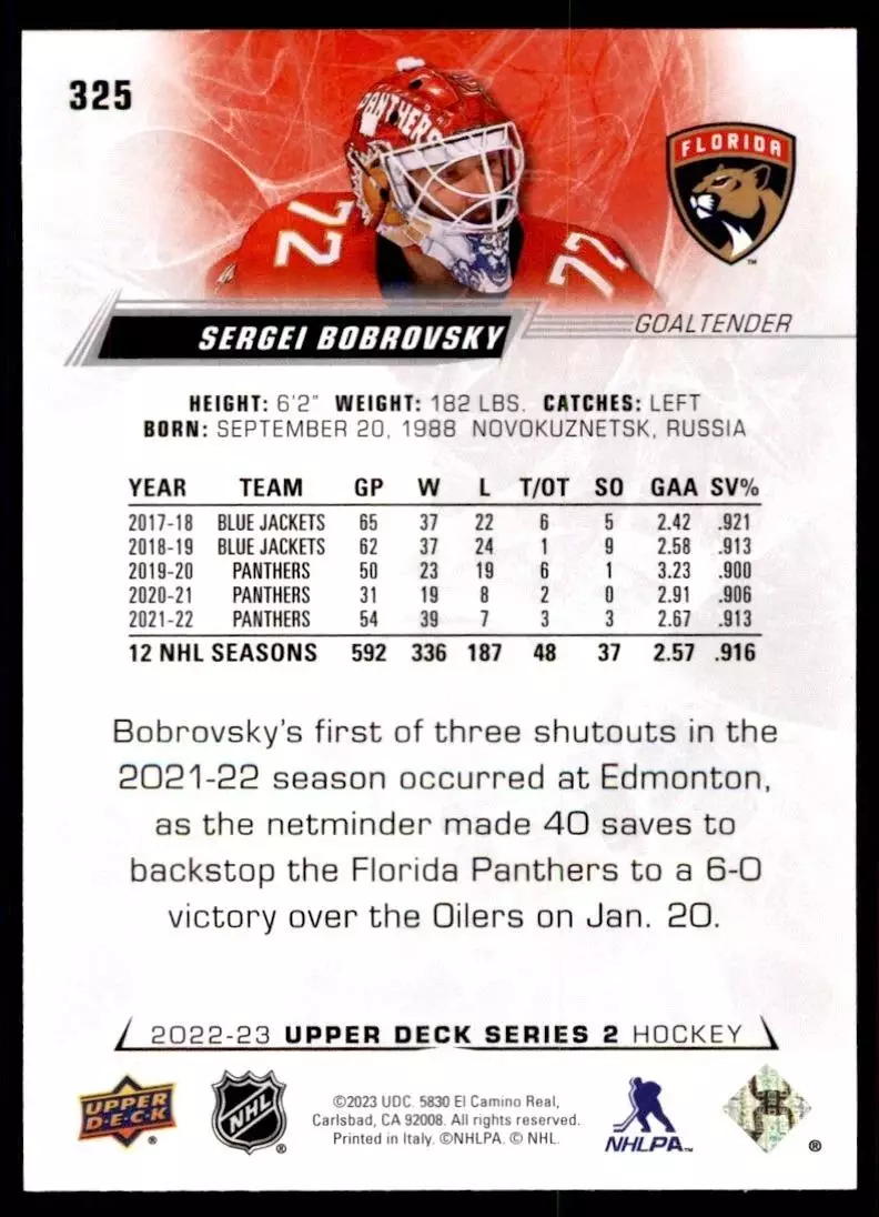 2022-23 Upper Deck #325 Sergei Bobrovsky 1