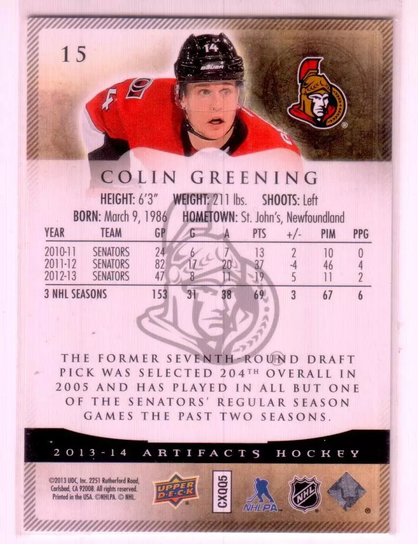 2013-14 Artifacts #15 Colin Greening 1