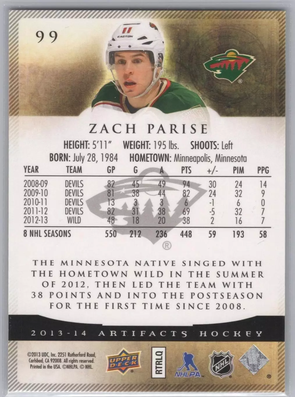 2013-14 Artifacts #99 Zach Parise 1