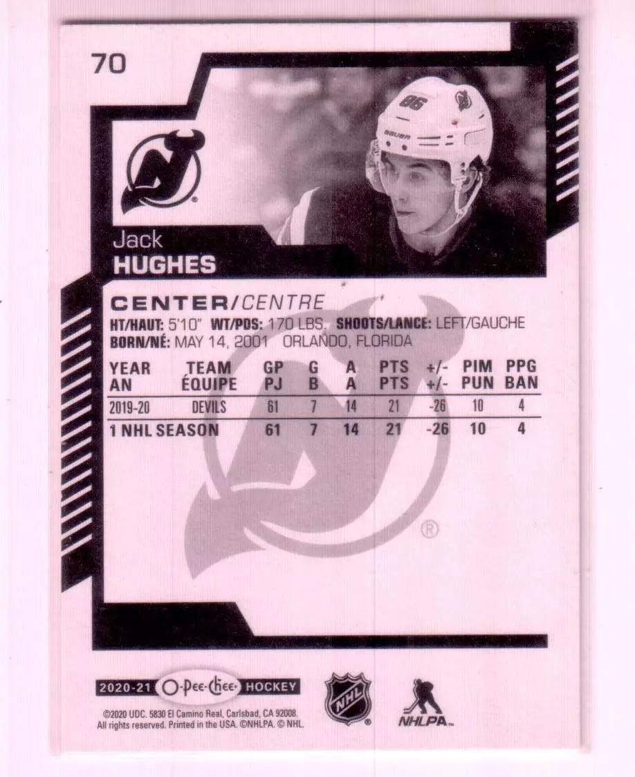 2020-21 O-Pee-Chee #70 Jack Hughes 1