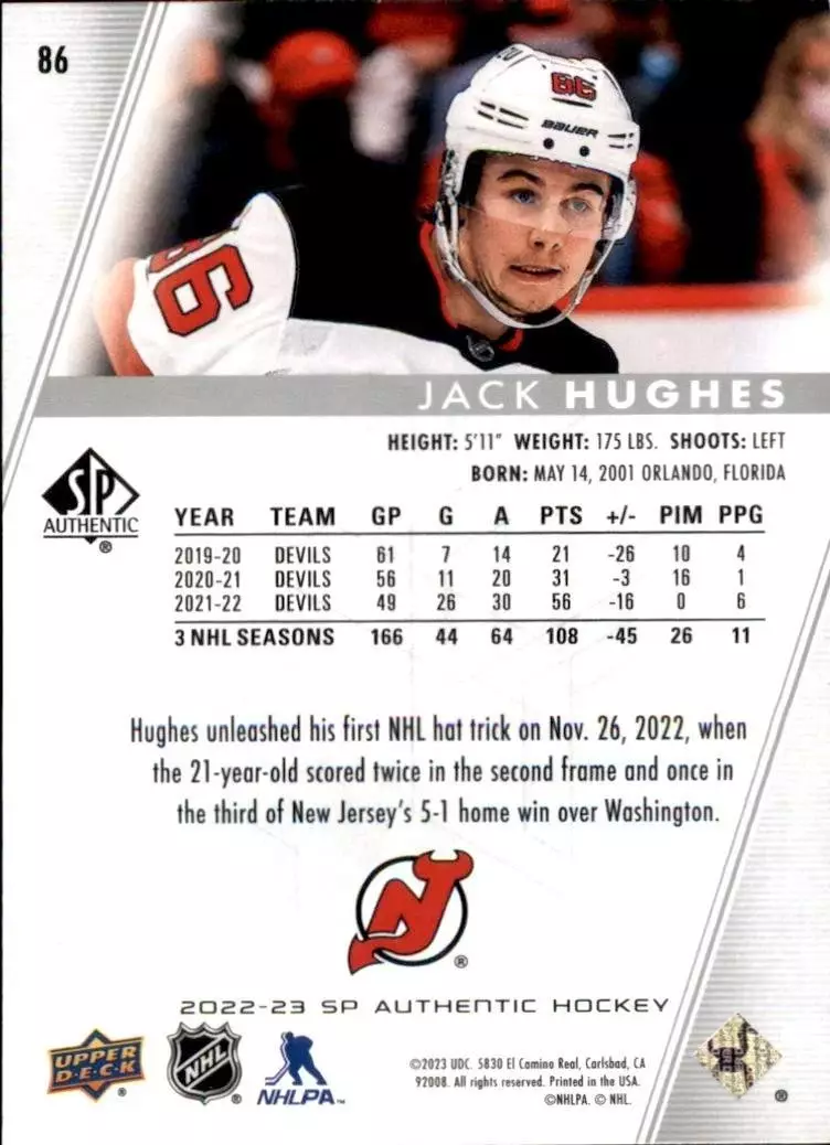 2022-23 SP Authentic #86 Jack Hughes 1