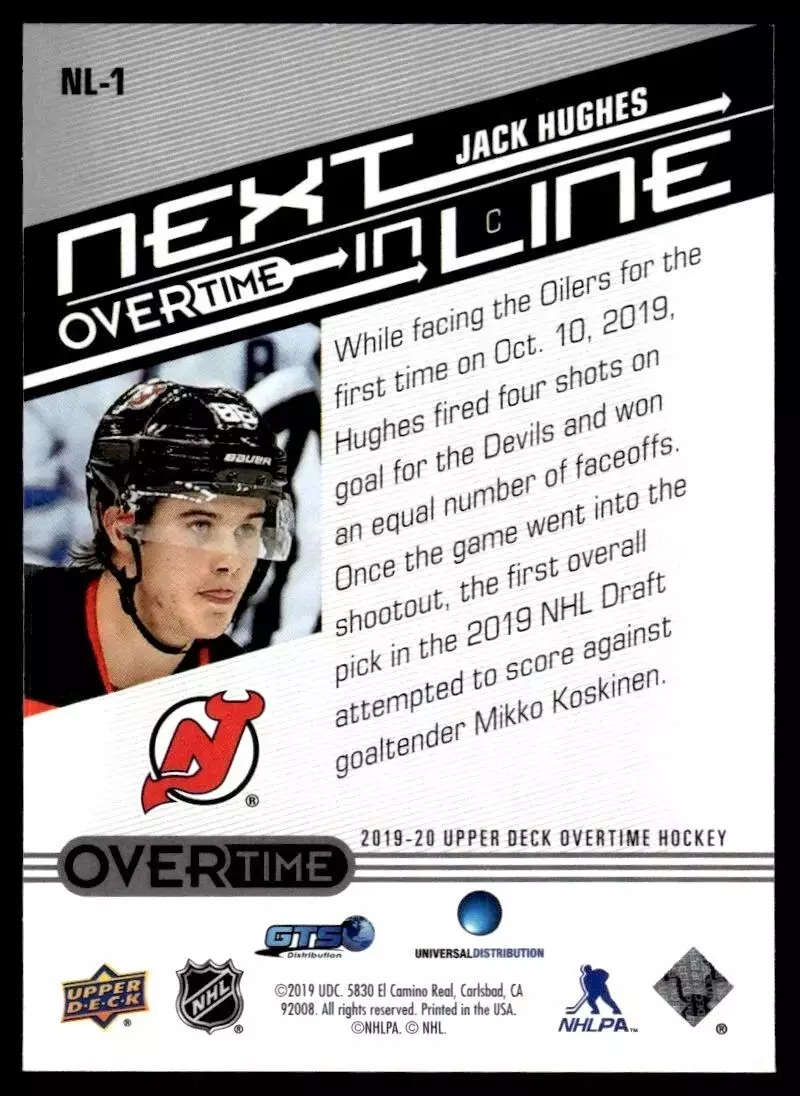 2019-20 Upper Deck Overtime Next In Line #NL1 Jack Hughes 1