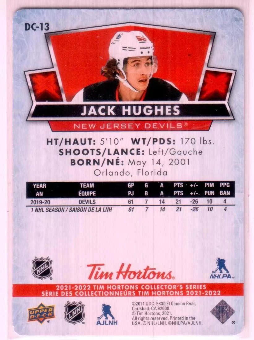 2021-22 Upper Deck Tim Hortons Red Die Cuts #DC13 Jack Hughes 1