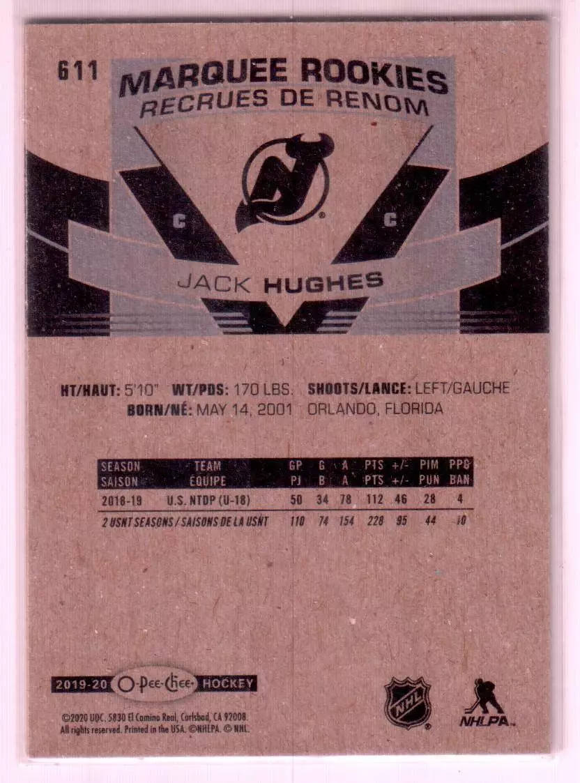 2019-20 O-Pee-Chee #611 Jack Hughes RC 1