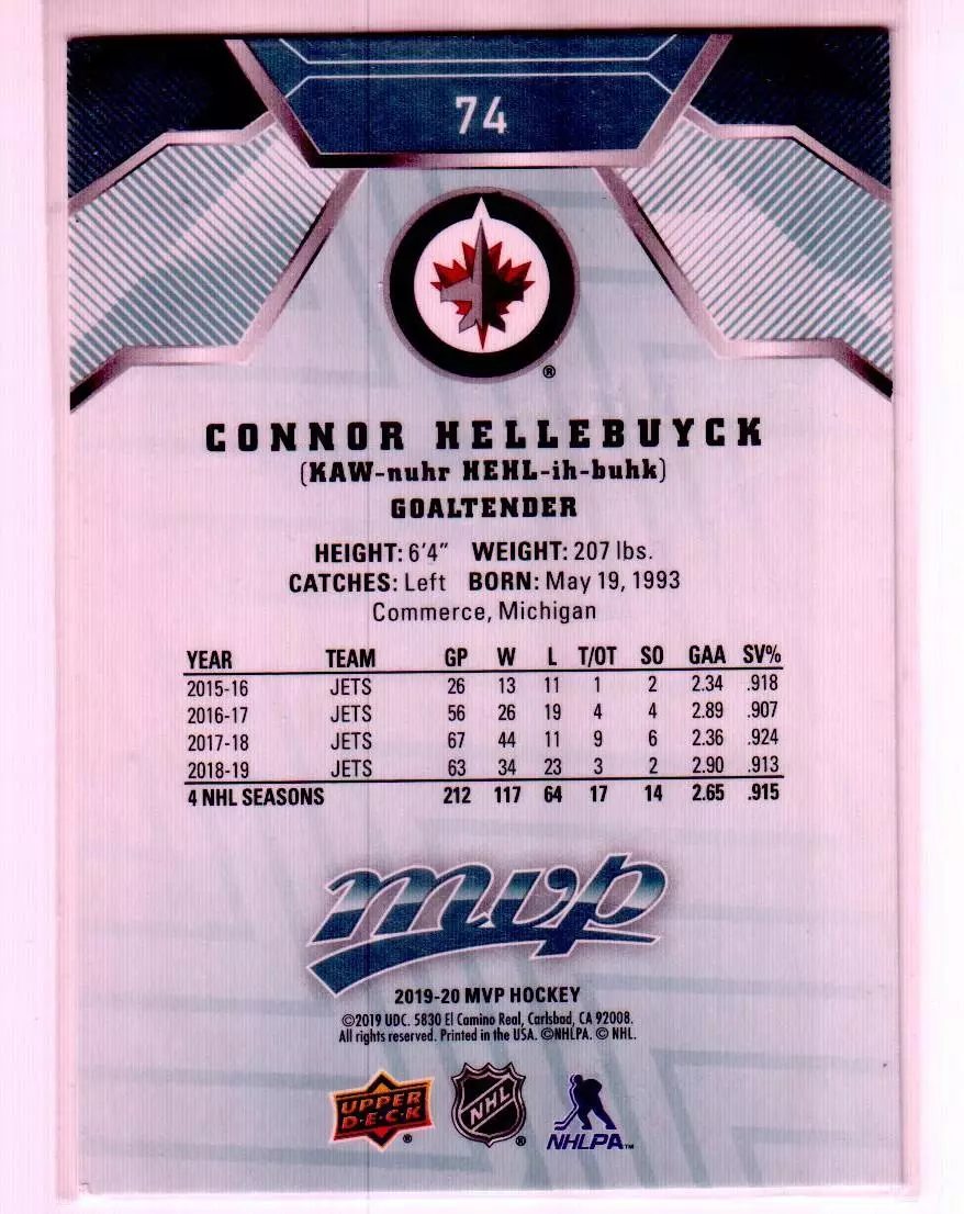 2019-20 Upper Deck MVP #74 Connor Hellebuyck 1