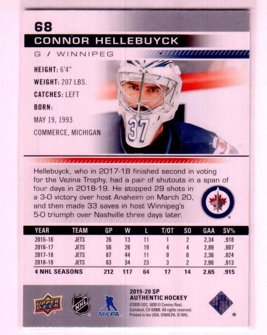 2019-20 SP Authentic #68 Connor Hellebuyck 1