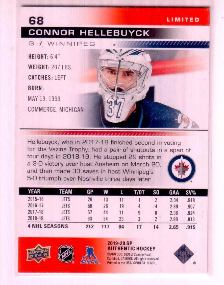 2019-20 SP Authentic Limited Red #68 Connor Hellebuyck 1