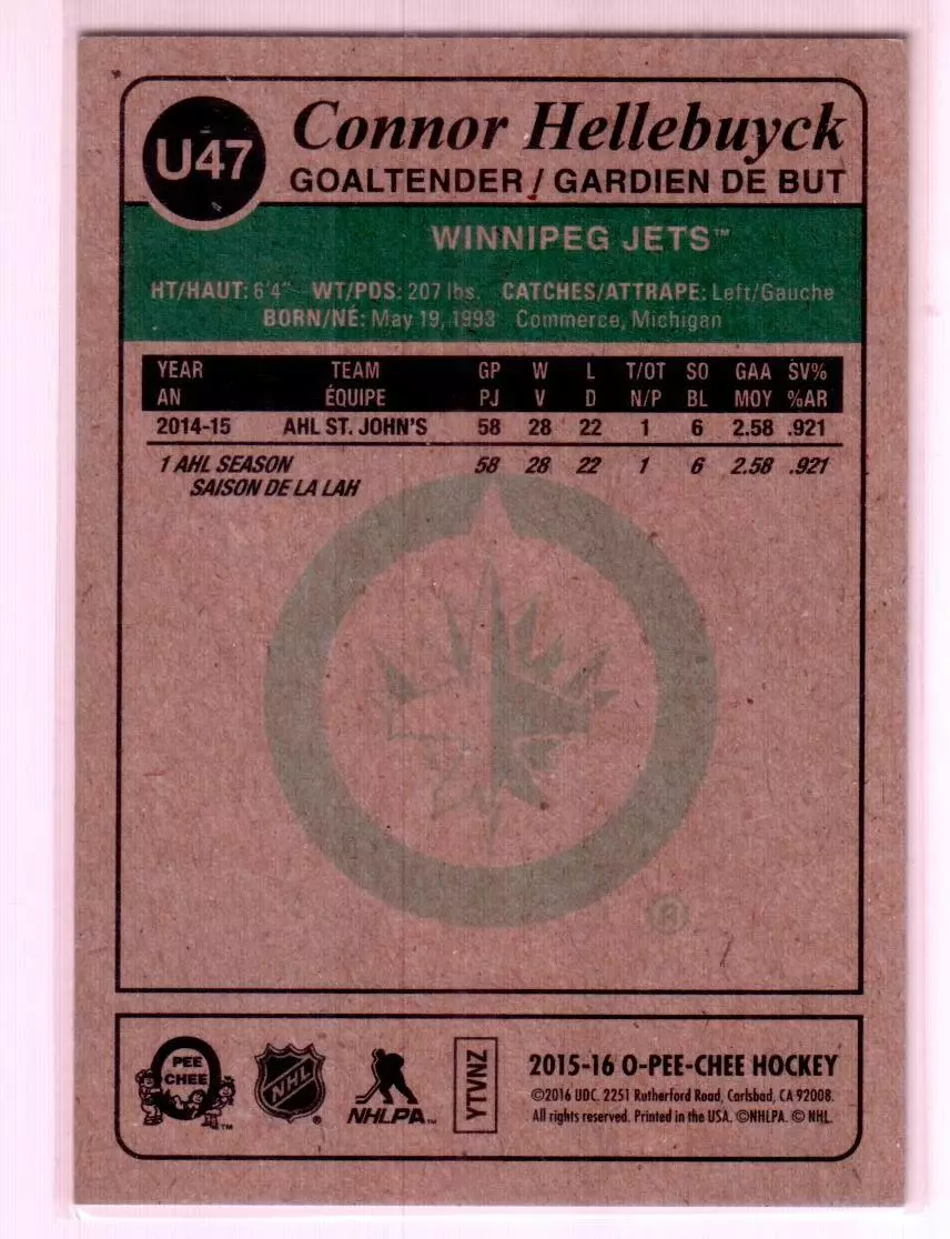 2015-16 O-Pee-Chee Update Retro #U47 Connor Hellebuyck 1