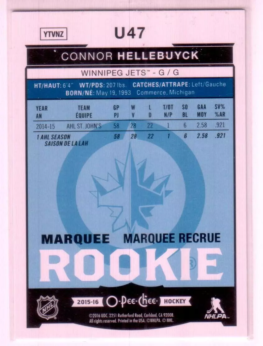 2015-16 O-Pee-Chee Update Rainbow Foil #U47 Connor Hellebuyck 1