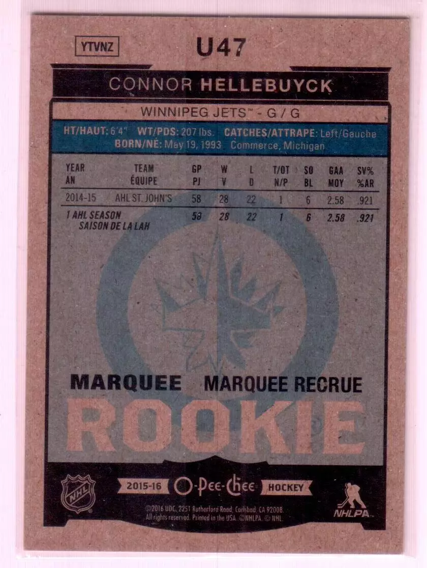 2015-16 O-Pee-Chee Update #U47 Connor Hellebuyck 1