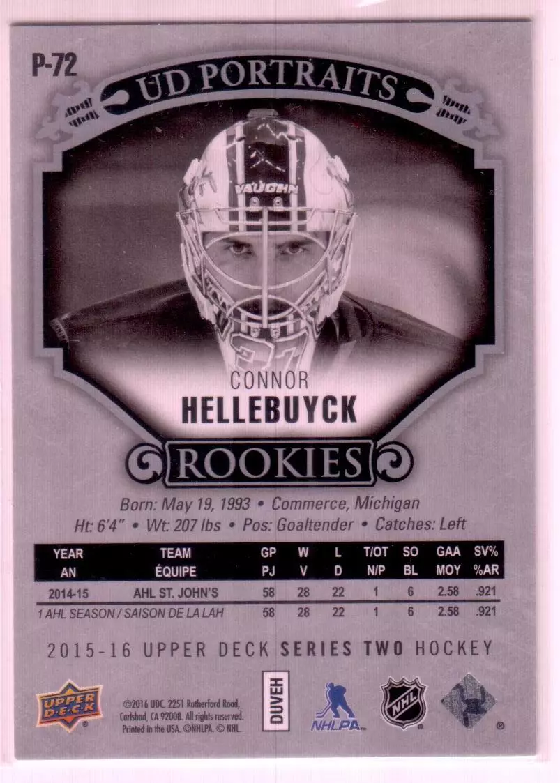 2015-16 Upper Deck UD Portraits #P72 Connor Hellebuyck 1