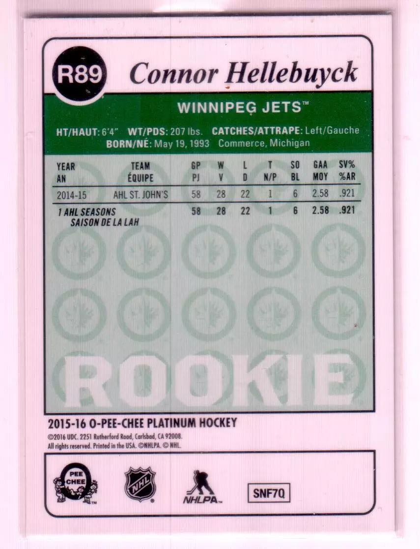 2015-16 O-Pee-Chee Platinum Retro #R89 Connor Hellebuyck 1