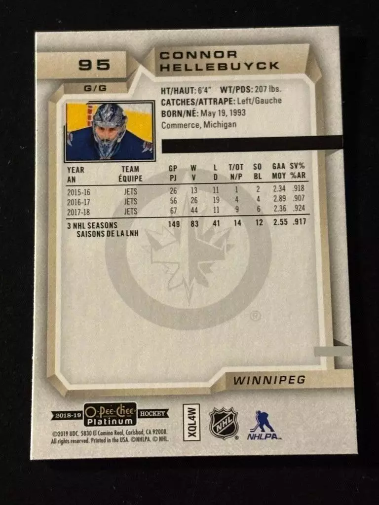 2018-19 O-Pee-Chee Platinum #95 Connor Hellebuyck 1